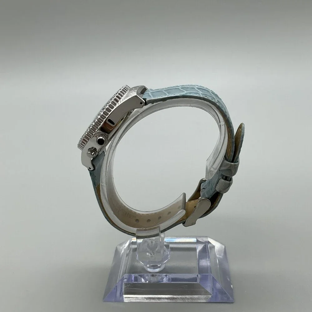 DMQ QVC Womens Watch 32mm Blue Silver Tone Crystal Day Date Leather New Battery